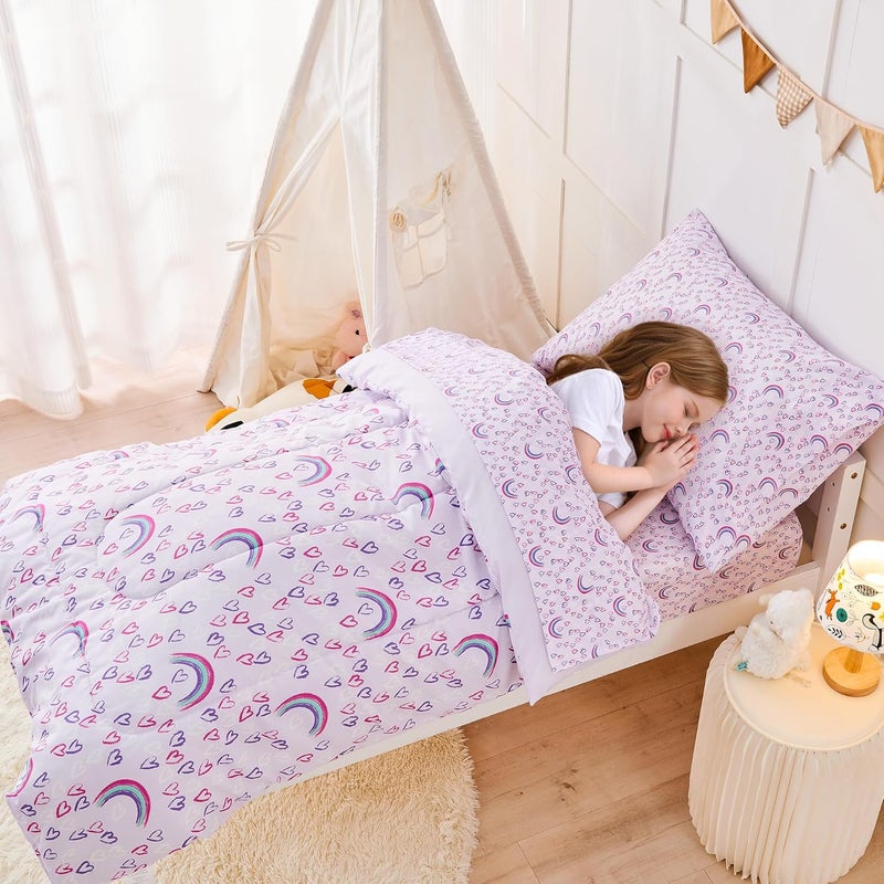 lasoftan Toddler Bedding Set for Girls, 4 Piece Bed-in-a-Bag Toddler Comforter Sets, Super Soft and Comfortable Microfiber Toddler Bed Set, Rainbow Printed - Image 5